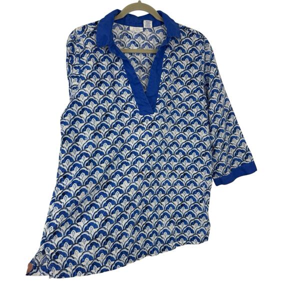 Sigrid Olsen Linen Tunic Size Large Blue Pattern V Neck 3/4 Sleeve Pullover - Picture 2 of 8